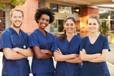 pediatricians standing outside clinic